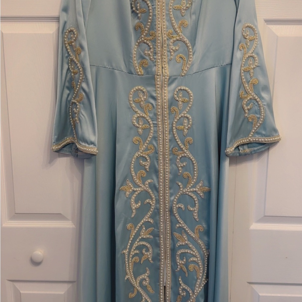 Elegant Blue and Gold Embroidered Gown